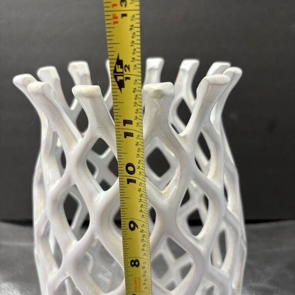 Lattice Design Vase White Ceramic Oen Weave 12” Tall Boho Hippie Cottagecore‎ - Picture 3 of 10